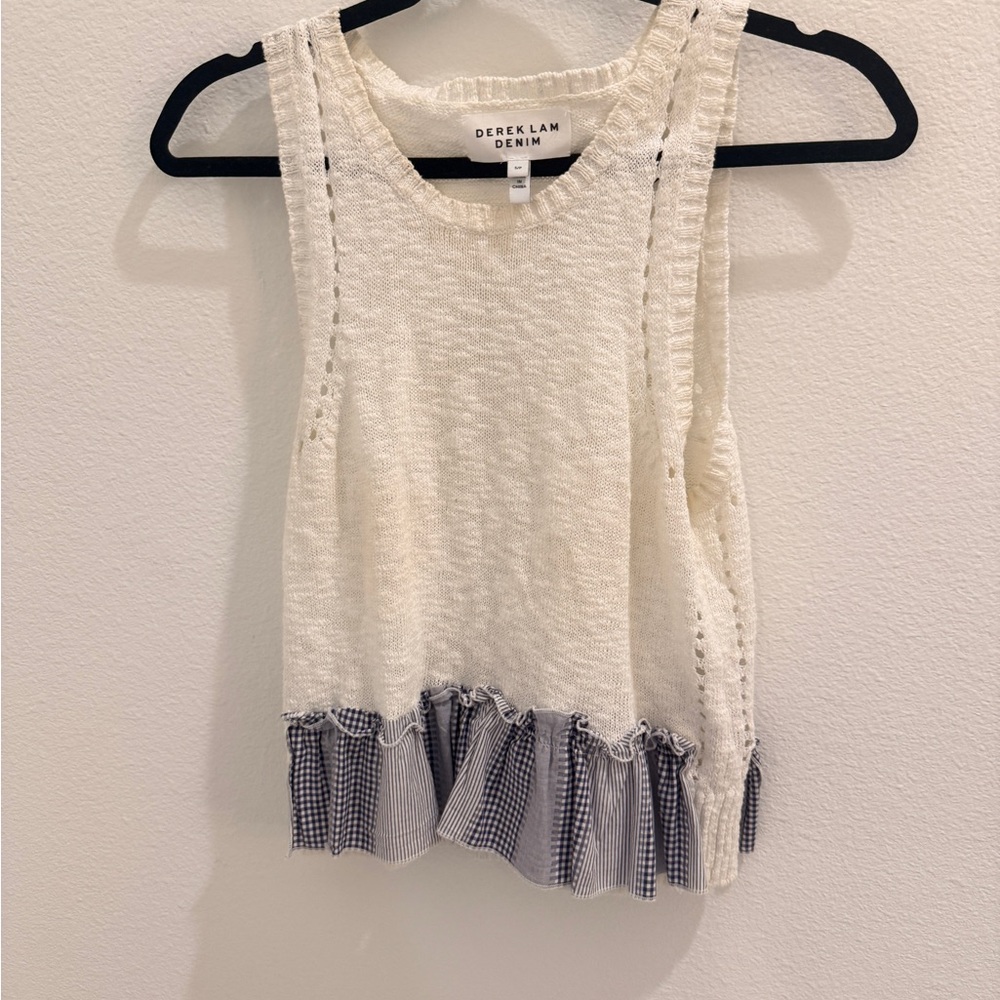 Derek Lam Cream Knit Tank with Gingham Ruffle